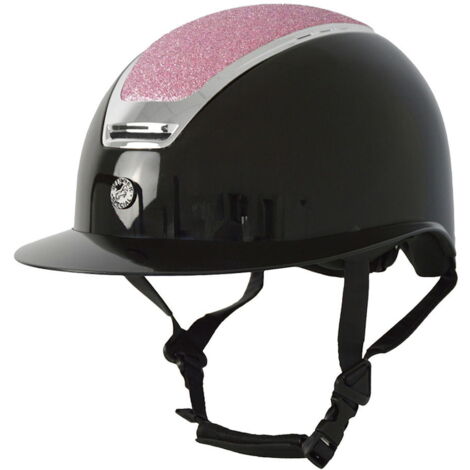 49-52 CM, NERO: Casco da equitazione con calotta e visiera larga lucide e con frame cromato impreziosito da glitter rosa