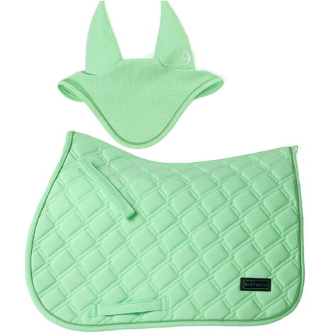 pony, verde: Set cuffia e sottosella inglese rettangolare modello Aura con targhetta DISTINTO più Cappellino omaggio