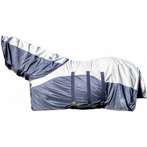 Coperta per cavalli antimosche con garrese impermeabile collo alto e copripancia modello Rain: 125 cm, blu scuro/grigio 6995