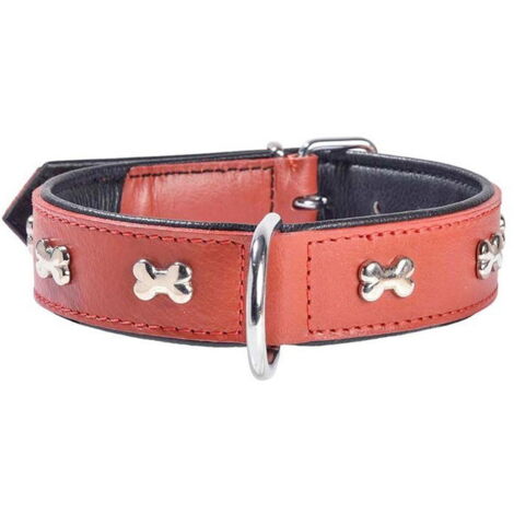 Collare rosso 63×4 cm: Collare in pelle rosso con lucidi ossi nichelati modello Extra Souple per cani