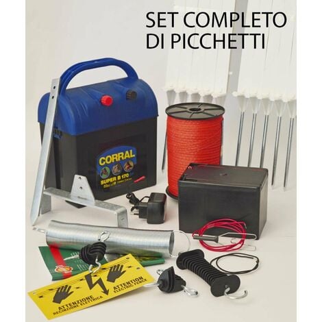 SET RECINZIONE ELETTRICA completa di elettrificatore, fettuccia, barriera  con molla per cancello, targa e 20 picchetti