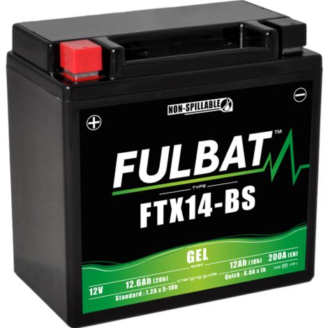 Fulbat – Batterie moto 12V GEL 12.6Ah – Technologie plomb GEL – 200A démarrage à froid – Dimensions 150x87x145mm – Entretien gratuit - FTX14-BS