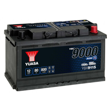 Yuasa – Batterie de voiture AGM 12 V 80 Ah 800 A – YBX9115 – Technologie Start-Stop pour performances optimales – Dimensions 317x175x190 mm