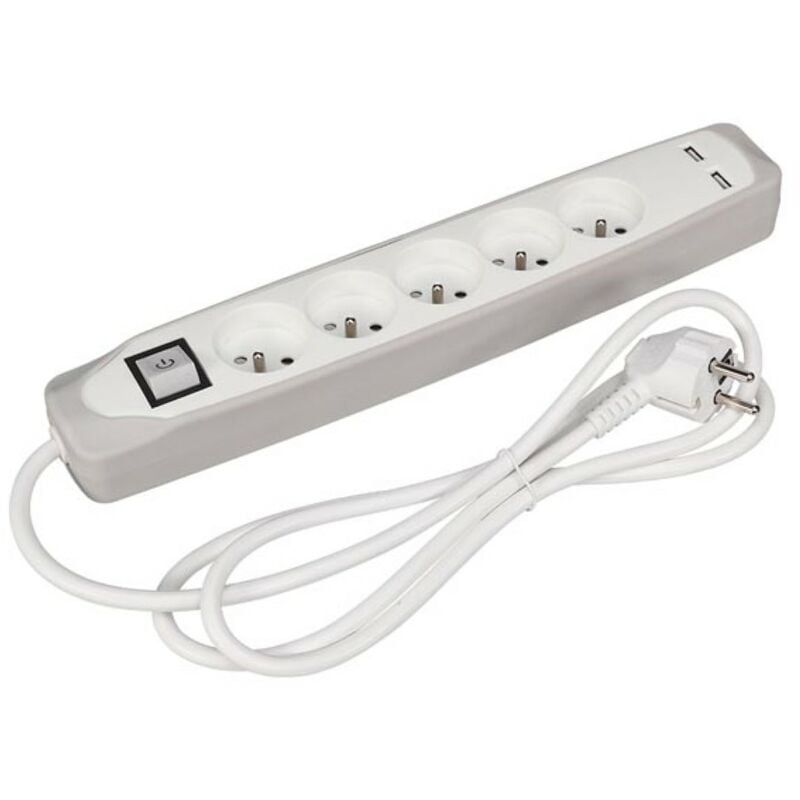 Perel Bloc multiprise avec interrupteur, 5 prises avec terre française  (type E), 2 ports USB, 1.5 m, 3G1.5, usage intérieur, blanc