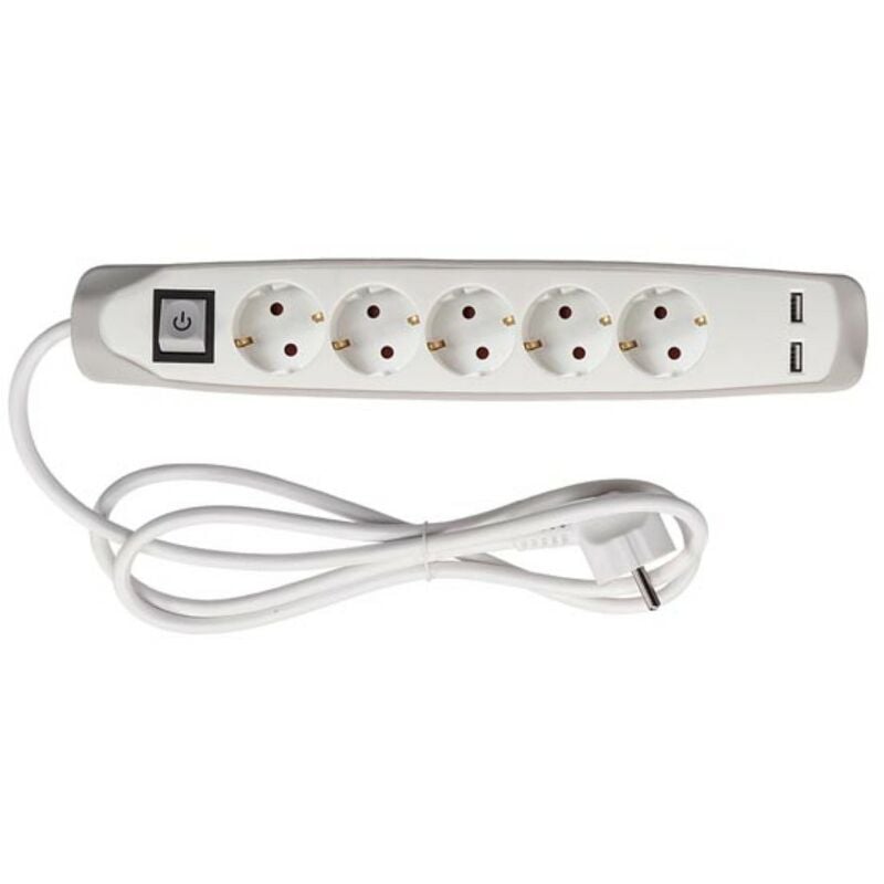 Perel Bloc multiprise avec interrupteur, 3 prises avec terre française  (type E), 2 ports USB, 1.5 m, 3G1.5, usage intérieur, blanc
