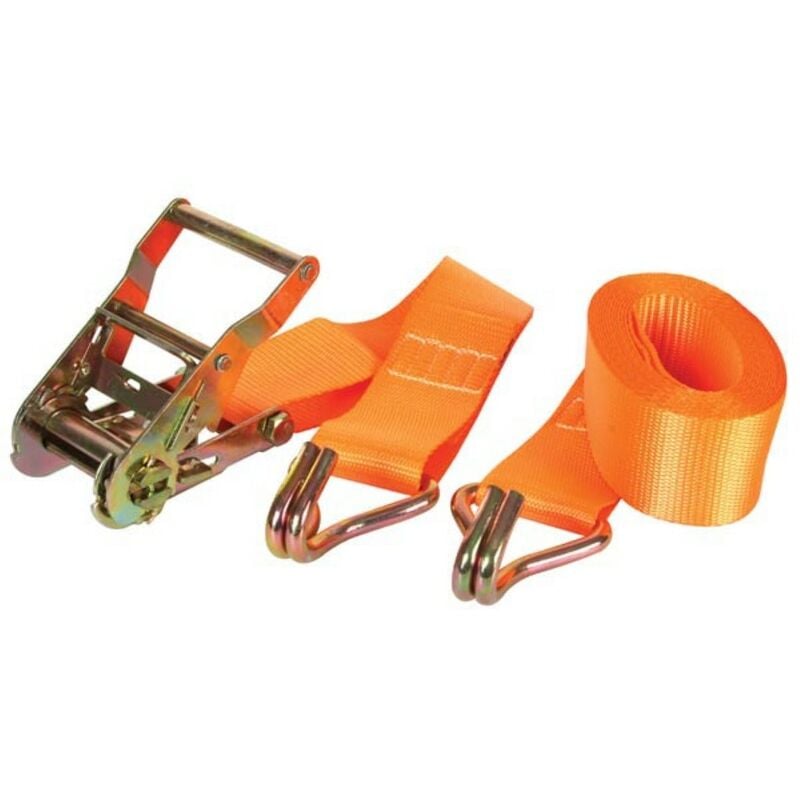Toolland Sangle d'arrimage, en 2 parties, avec tendeur à cliquet et crochets  doigts serrés, pour l'arrimage de charges moyennes, max. 1000 kg,  polyester, orange, 50 mm x 4.5 m, 1 pièce