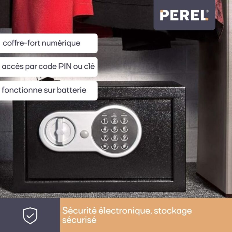 Coffre-Fort Électronique Perel Avec Digicode, Clé De Secours Et Fixation - 20x31x20 Cm