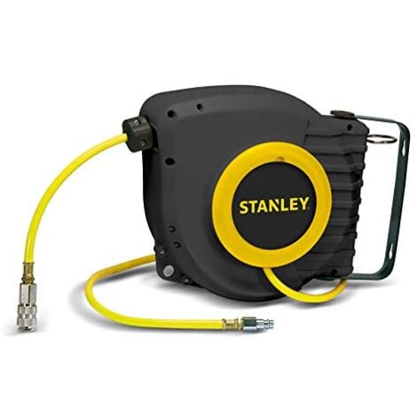 Stanley Enrouleur de tuyau d'air pour montage mural, tuyau PVC jaune de 9 m avec raccords rapides, pression maximale 12 bar, ABS, idéal pour une utilisation industrielle et professionnelle