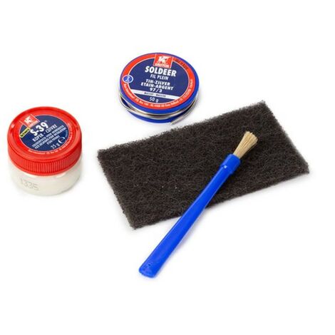 Griffon Kit de soudure pour cuivre, soudure 50 g, pâte à souder S-39 cuivre 25 g, avec tampon abrasif et pinceau, pour tuyaux d'eau gaz et raccords laiton, set complet (1/3)