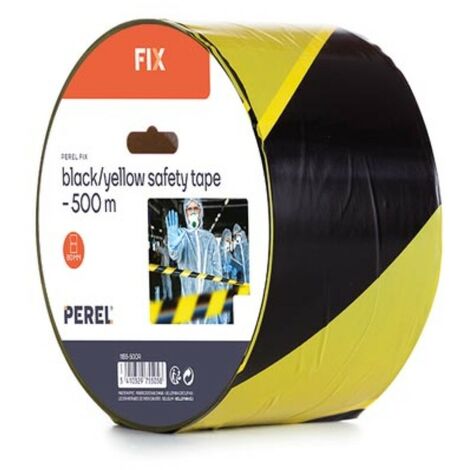 Perel Ruban de barrière sur rouleau de 500 m, idéal pour les clôtures temporaires et les événements, noir/jaune (1/3)