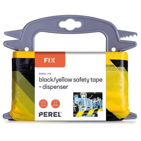 Perel Ruban de barrière sur support 100 m, idéal pour les clôtures temporaires et les événements, noir/jaune (1/5)
