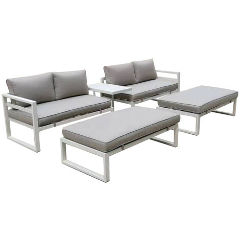 Perel Salon de jardin aluminium gris, ensemble de jardin 8 personnes avec table d’appoint, coussins d’assise et de dossier, salon d’extérieur résistant aux intempéries pour terrasse balcon et jardin (1/5)