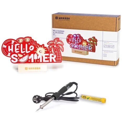 Whadda Kit de soudure, XL ‘Hello Summer’ avec 19 LED RVB et support en bois, ensemble promotionnel avec fer à souder et étain gratuits, carte PCB XL rouge, kit éducatif et créatif STEM (1/5)