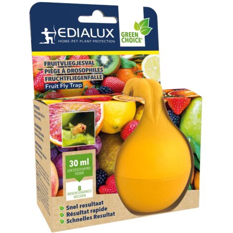 Edialux Piège à mouche des fruits avec appât, attrape-mouches fruits naturel, anti insectes, piège a phéromone écologique, usage intérieur, 8 semaines de protection, 1 piege + 2 x 15 ml appât (1/5)