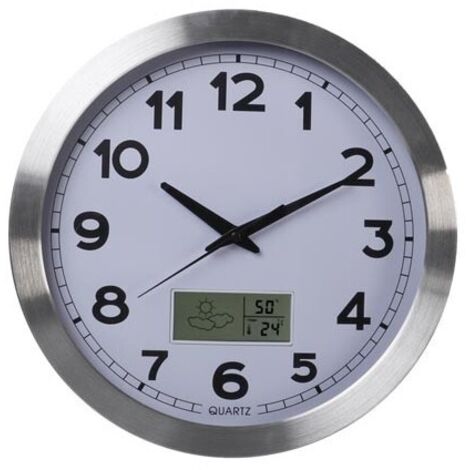 Perel – Horloge murale ronde en aluminium 35 cm – Écran LCD avec thermomètre et hygromètre – Prévisions météo – Installation facile