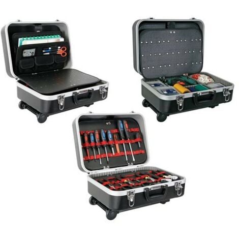 Perel Mallette à outils mobile, poignée télescopique, porte-outils, séparateurs amovibles, verrouillage par clé, 2 clés, ABS, noir, 461 x 335 x 190 mm