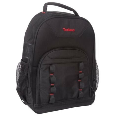 Toolland Sac à dos  pour outils, polyester, 4 compartiments, porte-outils amovible, pieds en plastique, noir/rouge, 38 x 50 x 20 cm