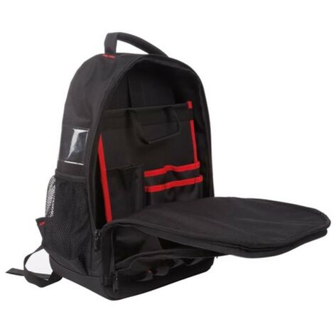 Toolland Sac à dos  pour outils, polyester, 4 compartiments, porte-outils amovible, pieds en plastique, noir/rouge, 38 x 50 x 20 cm