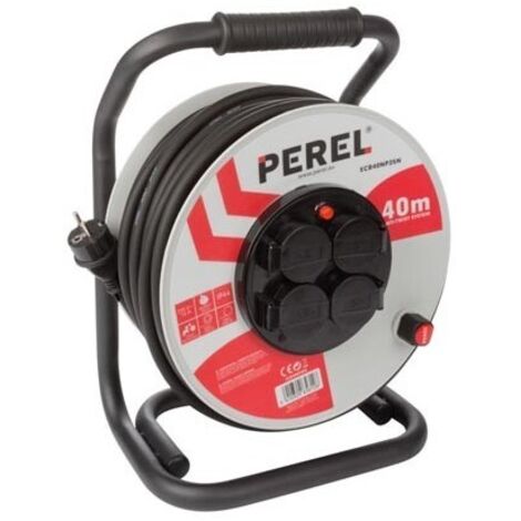Perel – Enrouleur de câble professionnel 40 m – 4 prises avec terre – Résistant aux éclaboussures IP44 – Système anti-torsion – Protection thermique