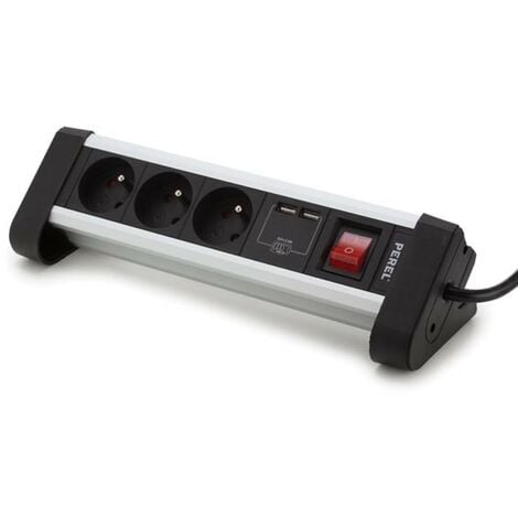 Perel Bloc multiprise avec interrupteur, 3 prises avec terre française  (type E), 2 ports USB, 1.4 m, 3G1.5, usage intérieur, noir/gris