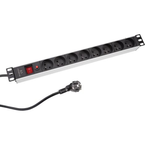 Perel Multiprise rack 19" 8 prises, rackable 19 pouces, bloc multiprise PDU avec interrupteur, 8 prises électrique type E terre française, câble de 2.15 m, 3G1.5, usage intérieur, noir
