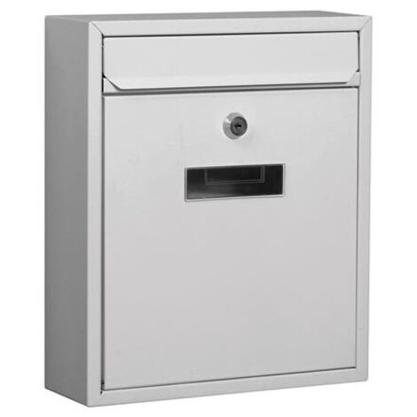 Perel Boite aux lettres murale Ibiza pour exterieur blanche avec plaque nominative et serrure, boite aux lettres compacte en metal avec 2 cles et accessoires de montage (1/7)