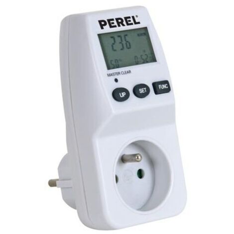 Perel – Wattmètre 230 V – Écran LCD – 16 A, 3600 W – Prise terre française type E – Mesure de consommation énergétique – Protection enfants