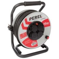 Perel – Enrouleur de câble professionnel 40 m – 4 prises avec terre – Résistant aux éclaboussures IP44 – Système anti-torsion – Protection thermique