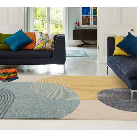 Modern Retro Rug for Living Room, Bedroom, Kitchen Bold Geometric Design Bright Colours Blue Yellow Rug in Medium 120x170 cm (4'x5'6")