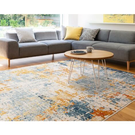 Nova Illusion NV39 Abstract Rug for Modern Living Room, Bedroom, Luxury Lounge, Kitchen, Dining Room Soft Ochre Blue Rug in X-Large 200x290 cm (6'7"x9'6")