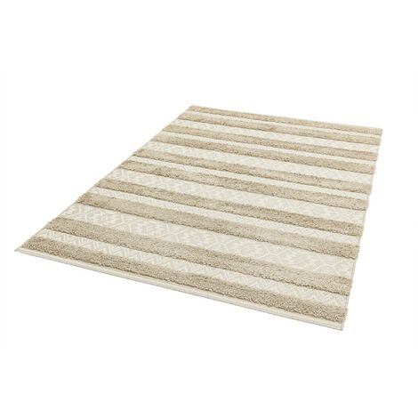 Tribal Striped Outdoor Rug for Garden, Patio, Balcony, Picnic, Bedroom Living Room Flatweave Natural Cream Rug in Large 160x230 cm (5'3"x7'7")