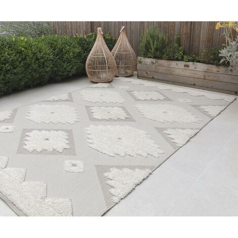Outdoor Natural Cream Rug Tribal Geometric for Garden, Patio, Trellis, Balcony, Picnic, Backyard, Living Room Premium Monty Rug in Medium 120x170 cm (4'x5'6")