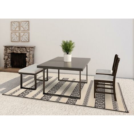Tribal Striped Outdoor Rug for Garden, Patio, Balcony, Picnic, Bedroom Living Room Flatweave Black Cream Rug in X-Large 200x290 cm (6'7"x9'6")