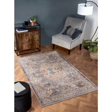 Nova 8881B Traditional Vintage Classical Bordered Medallion Dark Blue Rug Floor Mat Carpet X-Small 66 x 100 cm (2'5''x3'3'')