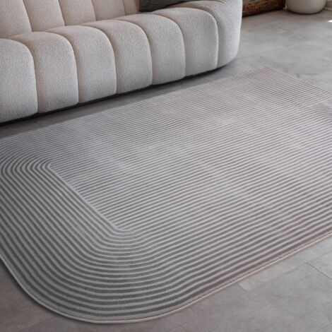 Kuza Shape Rug Soft Silky Curved Edges Abstract Modern Plain Striped Rug in Silver / Grey 120 x 170 cm Medium (1/4)