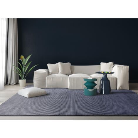 Kuza Plain Stripe Soft Silky Velvety Modern Rug in Navy Blue 200 x 290 cm Xlarge (1/4)