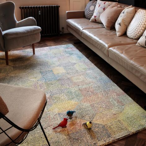 Camden Wool Viscose Hand Tufted Geometric Kaleidescope Cream Multi Coloured Rug Medium Medium 120x170 cm (4'x5'6") (1/4)