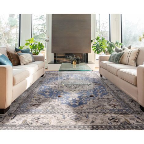 Sovereign Medallion Traditional Rug for Bedroom Living Room Flatweave Silky Shiny Rug Blue XX-Large 240x330 cm (8'x11') (1/4)