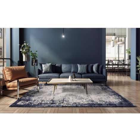 Kuza Border Abstract Modern Distressed Soft Velvety Silky Rug Navy Large 160x230 cm (5'3"x7'7")