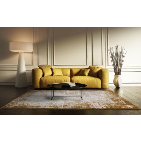 Kuza Border Abstract Modern Distressed Soft Velvety Silky Rug Gold Large 160x230 cm (5'3"x7'7") (1/4)