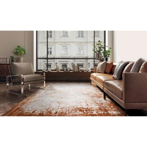 Kuza Border Abstract Modern Distressed Soft Velvety Silky Rug Terracotta Large 160x230 cm (5'3"x7'7")