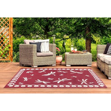 Terrace Dragonfly Flatweave Outdoor Indoor Bordered Bordeaux Rug in 120 x 170 cm (4x5'6'')
