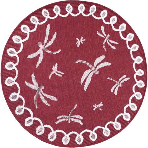 Terrace Dragonfly Flatweave Outdoor Indoor Bordered Circle Bordeaux Rug in 120 x 120 cm (4x4') Round