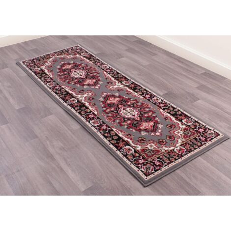 Traditional Poly Lancashire Oriental Hallway Rug Grey 70 x 200 cm (2'4''x6'7'') Runner (1/4)