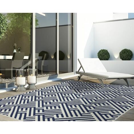 Antibes Geometric 3D Blue / White Linear Flatweave Kitchen Indoor Outdoor Floor Mat Rug Large Carpet 160 x230 cm (5'3"x7'7")