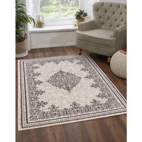 Traditional Poly Bordered Medallion Classic Cream Rug Floor Mat Medium 120 x 160 cm (4'x5'3")