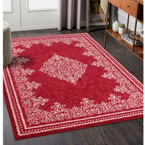 Traditional Poly Bordered Medallion Classic Red Rug Floor Mat Medium 120 x 160 cm (4'x5'3")