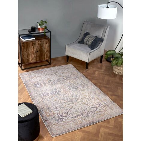 Nova 8881A Traditional Vintage Classical Bordered Medallion White Yellow Rug Floor Mat Carpet Small 80 x 150 cm (2'6"x5'0") (1/4)