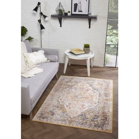 Nova 9048A Traditional Vintage Classical Bordered Medallion White Yellow Rug Floor Mat Carpet X-Large 200 x 290 cm (6'7"x9'6")