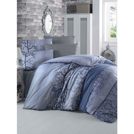 Victoria Oylu Blue Damask Soft Polycotton Luxury Elegance Duvet Cover Set with Pillowcases King 230x220 cm + 2pcs 50x75 cm Pillow Cases